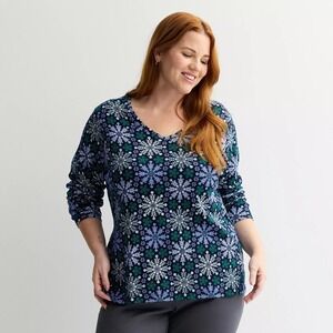 Kohl's Women's Snowflake Print V Neck Long Sleeve T Shirt Top Size 1X‎ NWT